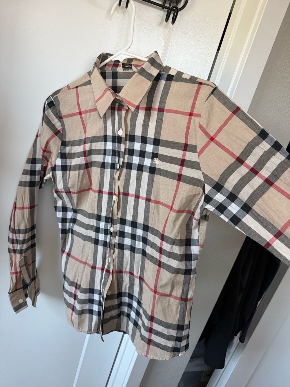 Burberry Tan Plaid Button-Down Shirt with Black, White & Red Accents